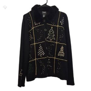 Vintage Studio Joy Holiday Sweater XL Button Front Embellished Faux Fur Collar